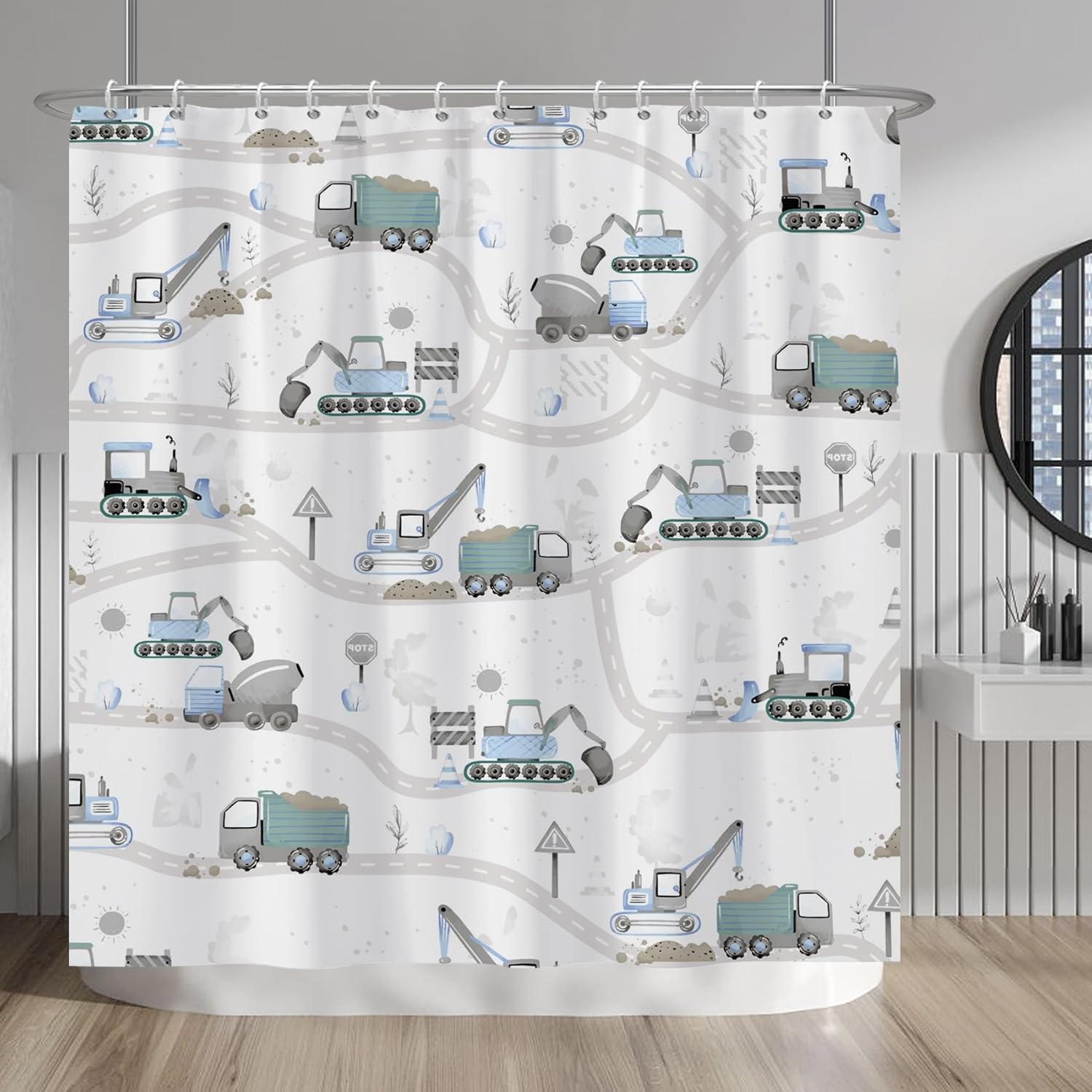 Baocicco Excavator Kids Shower Curtain Sets Cartoon Construction Truck Tractor Car Bathroom Decor Fabric Polyester Waterproof 72x72 Inches with 12 Hooks for Boys Machinery Vehicle Bath Curtains