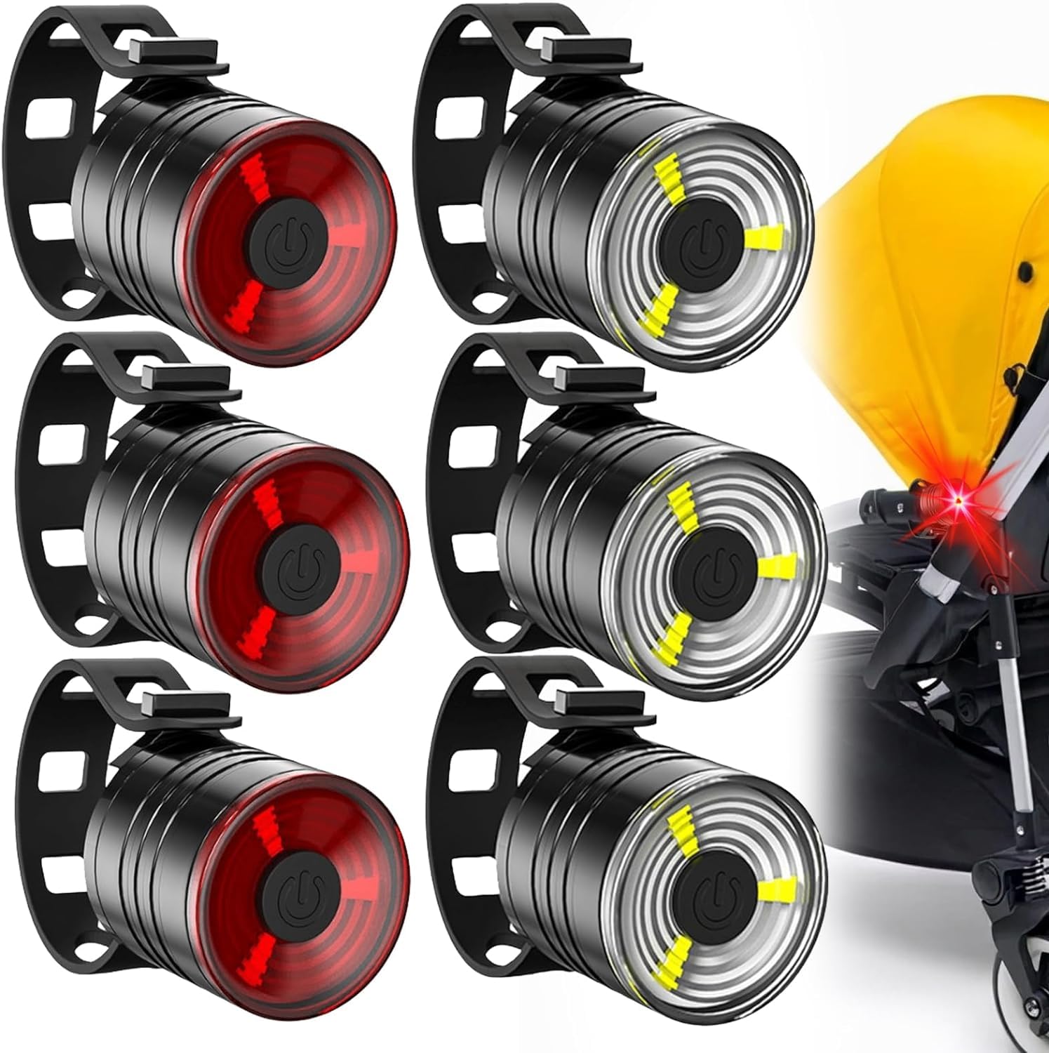 NAWOKEENY Pack of 6 Pram Lights, LED Pram Lights, Bright Front LED Bicycle Indicator Light with 3 Light Effects, LED Reflectors, Easy to Install,Waterproof, Flashing Light for Cycling Backpack