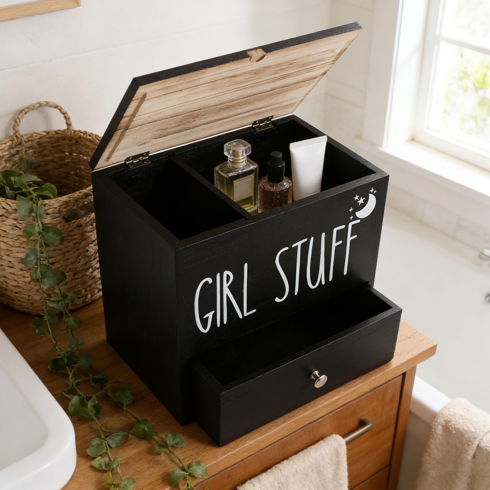 VALICLUD Porta Assorbenti Igienici in Legno Nero con Coperchio, Contenitore Rustico per Stoccaggio Prodotti Femminili da Bagno, Organizer Compatto Antiumidità per Tamponi e Accessori Bagno