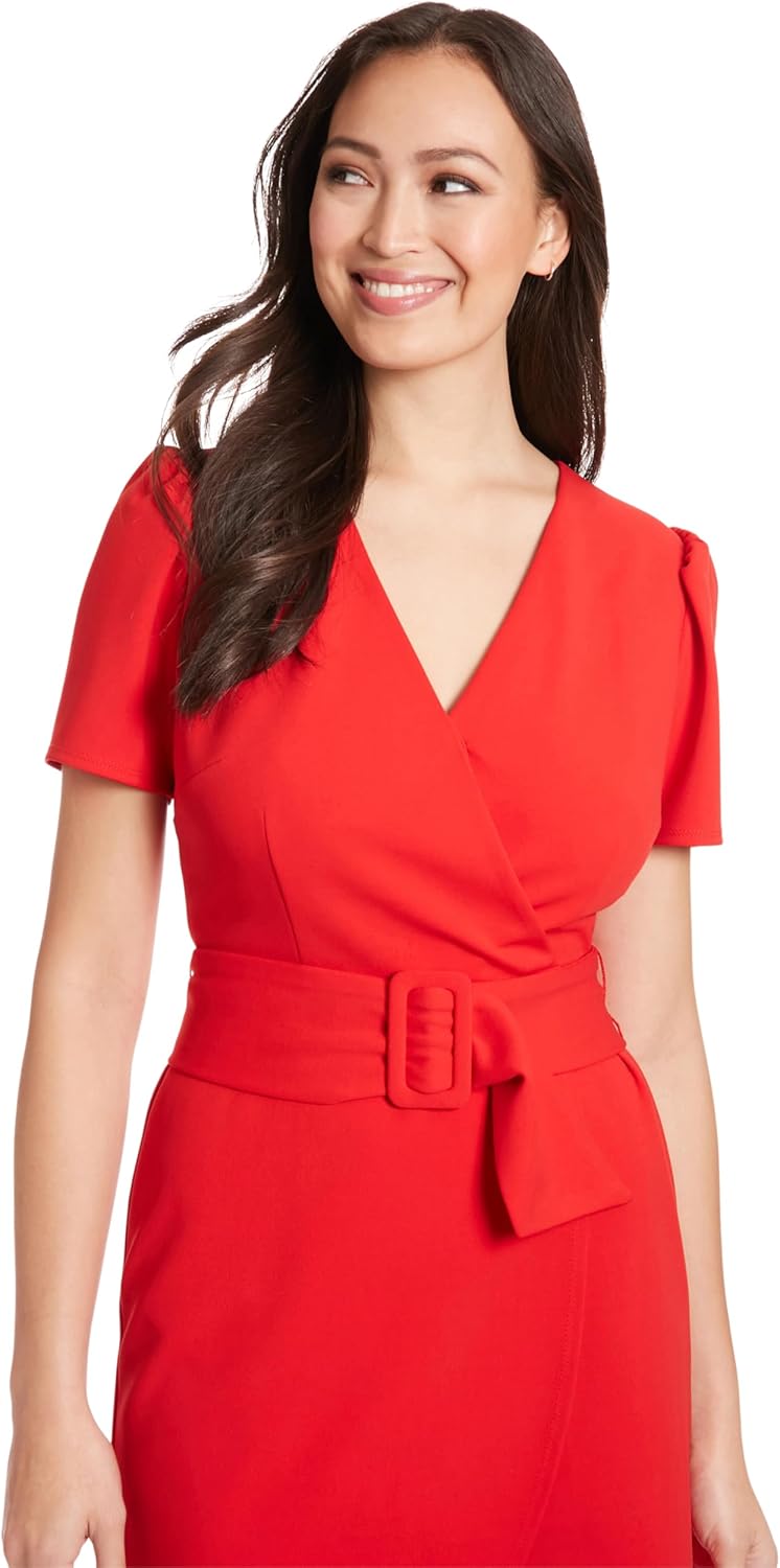 London Times Womens V-Neck Short Sleeve Belted Summer Dress for Women | Dresses for Women Party - Image 3