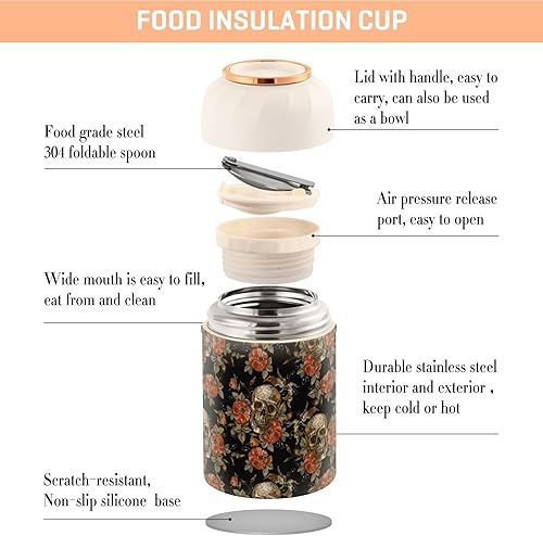 Miniatura 4 de MCHIVER Skull Food Jar with Spoon Stainless Steel Vacuum Insulated Food Container 17 oz Thermos for Adults