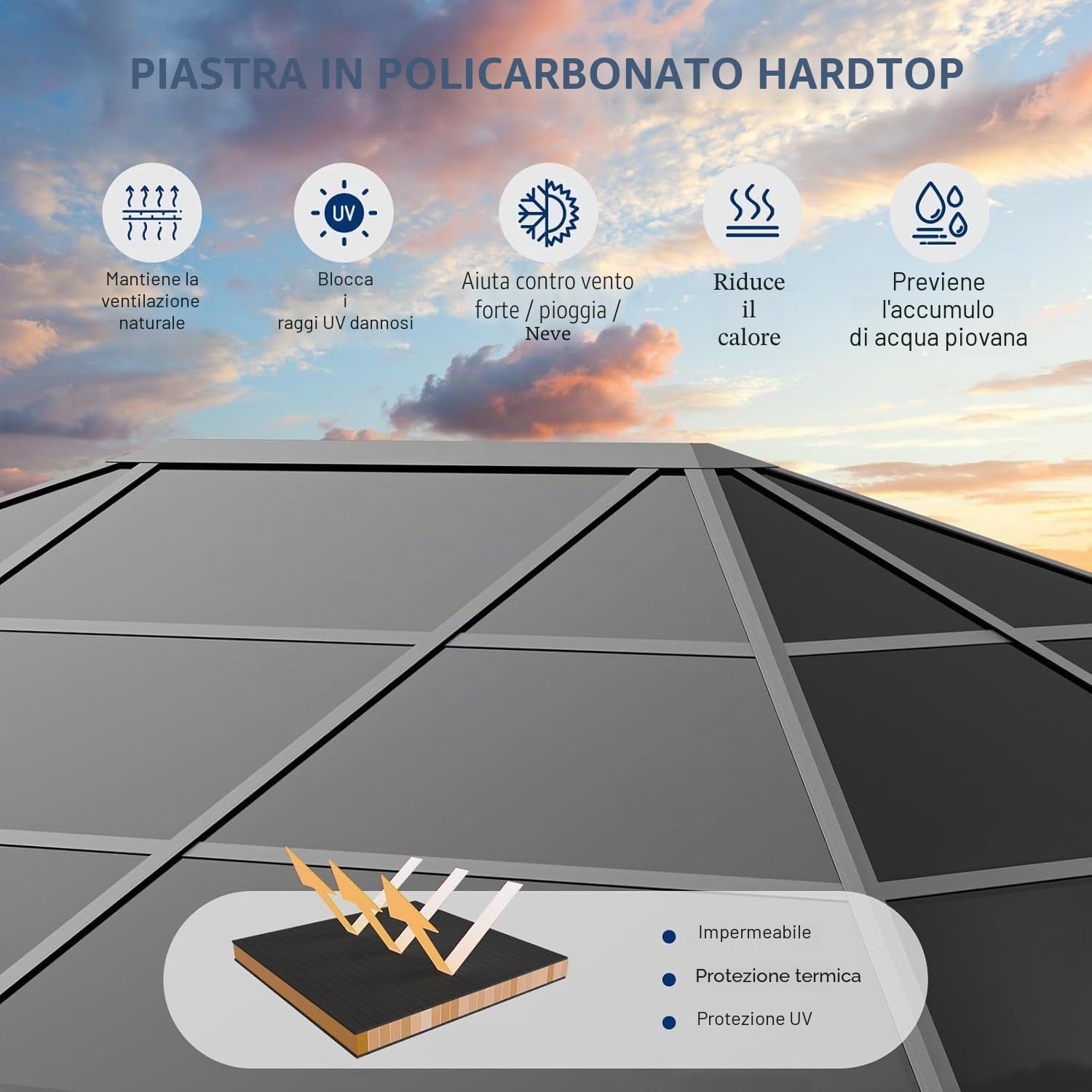 UDPATIO Gazebo da Giardino 3x4 m in Policarbonato, Tetto Singolo con Tende, Gazebo per Esterni Resistente al Vento e UV, Struttura in Alluminio per Giardino, Terrazza, Grigio