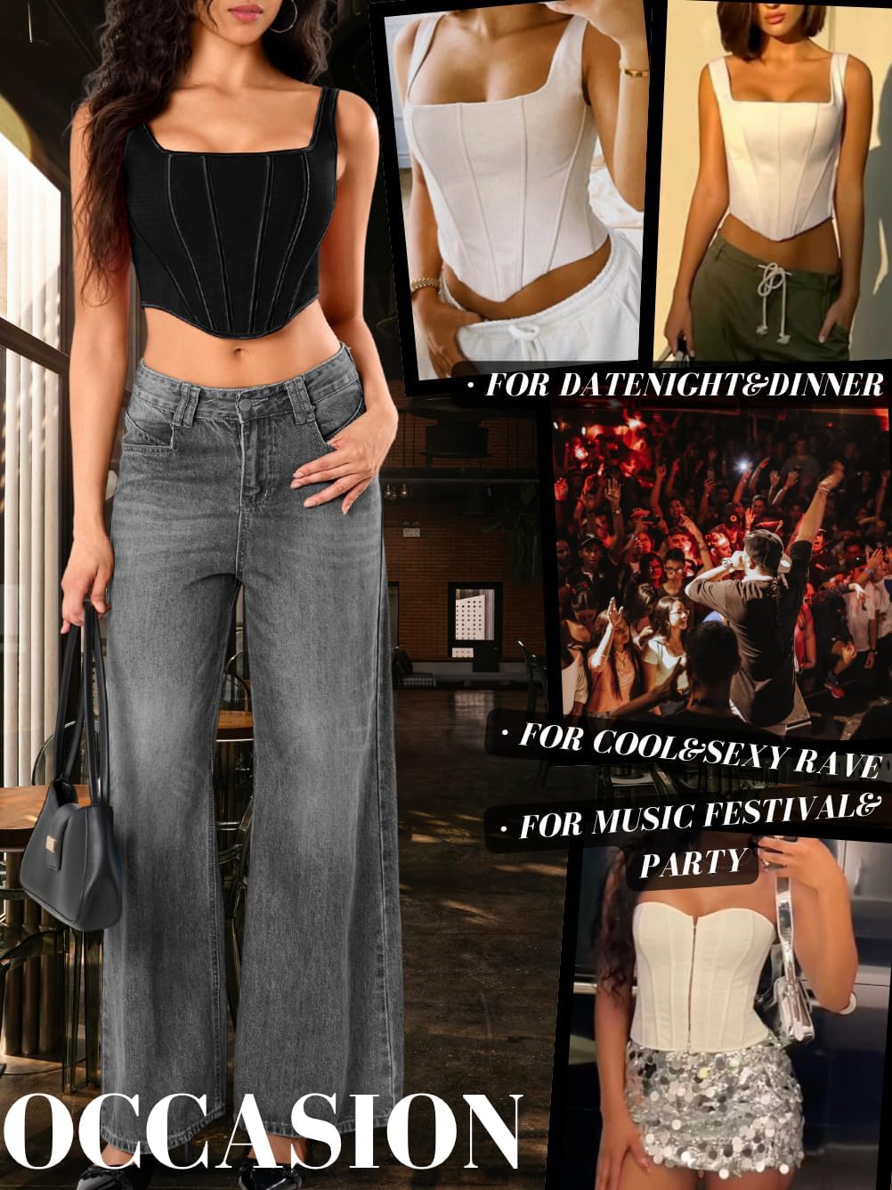 Kaei&Shi Women's Square Neck Corset Crop Top, Lace Up Back 14-Boned Bustier Tank Tops, Low Back Going Out 2000S Clubwear
