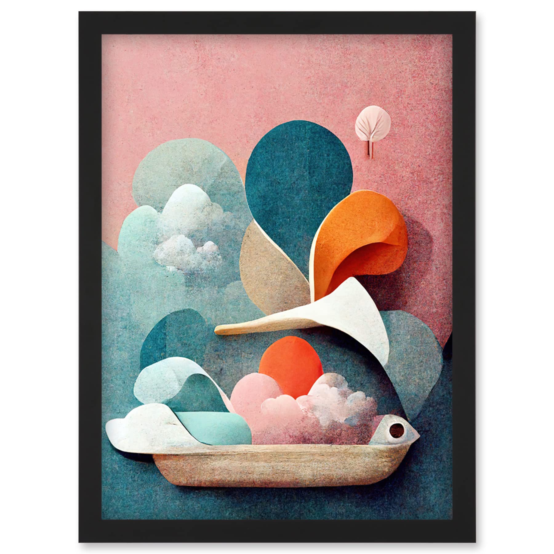 Framed Wall Art Print A4 - Modern Boho Abstract Ship In Sky Clouds - Pastel Colours - Artery8