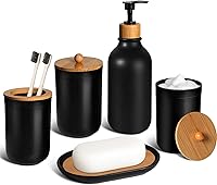 ALPIRIRAL Matte Black Bathroom Accessories Set 5PCS - Soap Dispenser, Toothbrush Holder, Soap Dish, Q-Tip Jar - Boho Farmhouse Decor