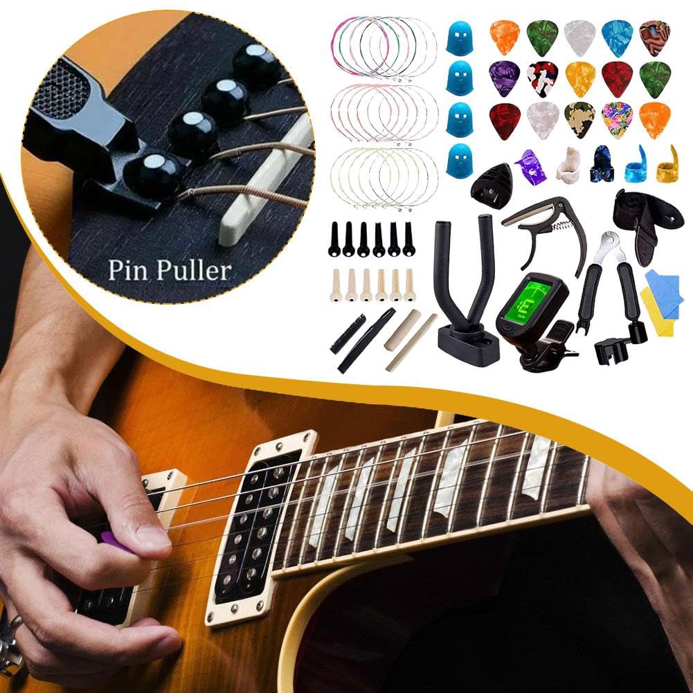 Kit d'accessoires de guitare, outil de changement de guitare acoustique, y compris cordes acoustiques, médiators, capodastre, enrouleur de cordes et coupe-cordes, accordeur, os de guitare, pour