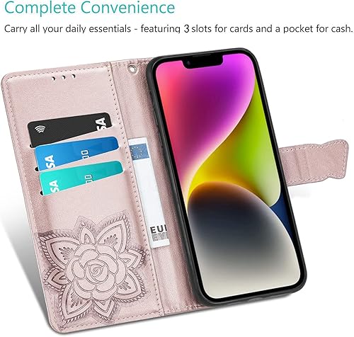 Miniatura 3 de Funda tipo cartera para iPhone 14 Plus, con estampado de mariposas y flores en relieve, funda de cuero tipo cartera con tapa protectora con ranuras