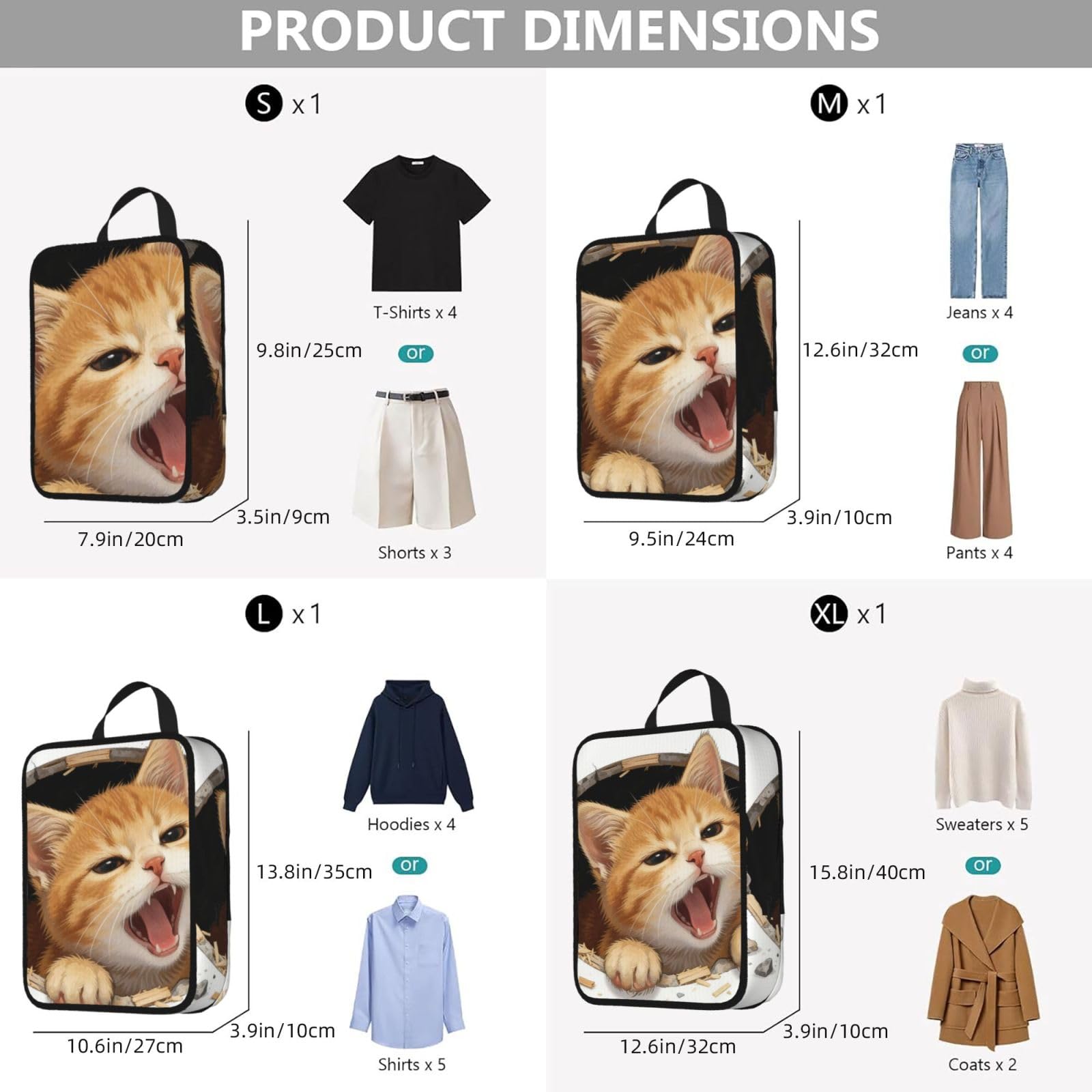 Paquete de 4 cubos de compresión expandibles con estampado de gato de boca abierta para viajes