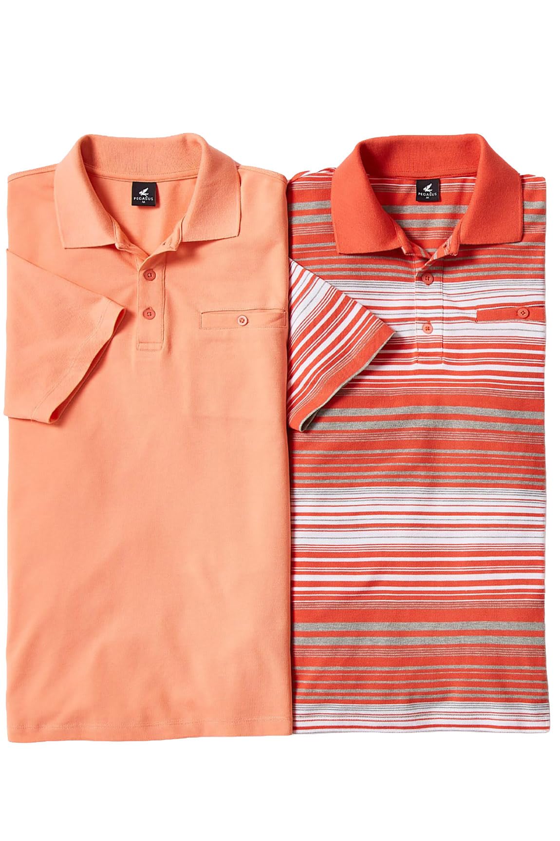 Pegasus Men's Pique Polo Shirts (2 Pack) Smart Casual Soft Cotton Stripe & Plain Tops with 3 Button Placket & Chest Pocket Coral 3XL