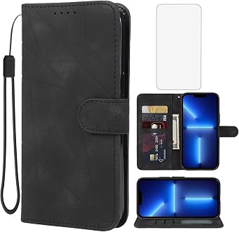 Case for iPhone 13 Pro Max Case, Apple 13 Pro Max Wallet Case with Tempered Glass Screen Protector, Skin Feel Leather Flip Credit Card Holder Stand Phone Cover for iPhone 13 Pro Max Black