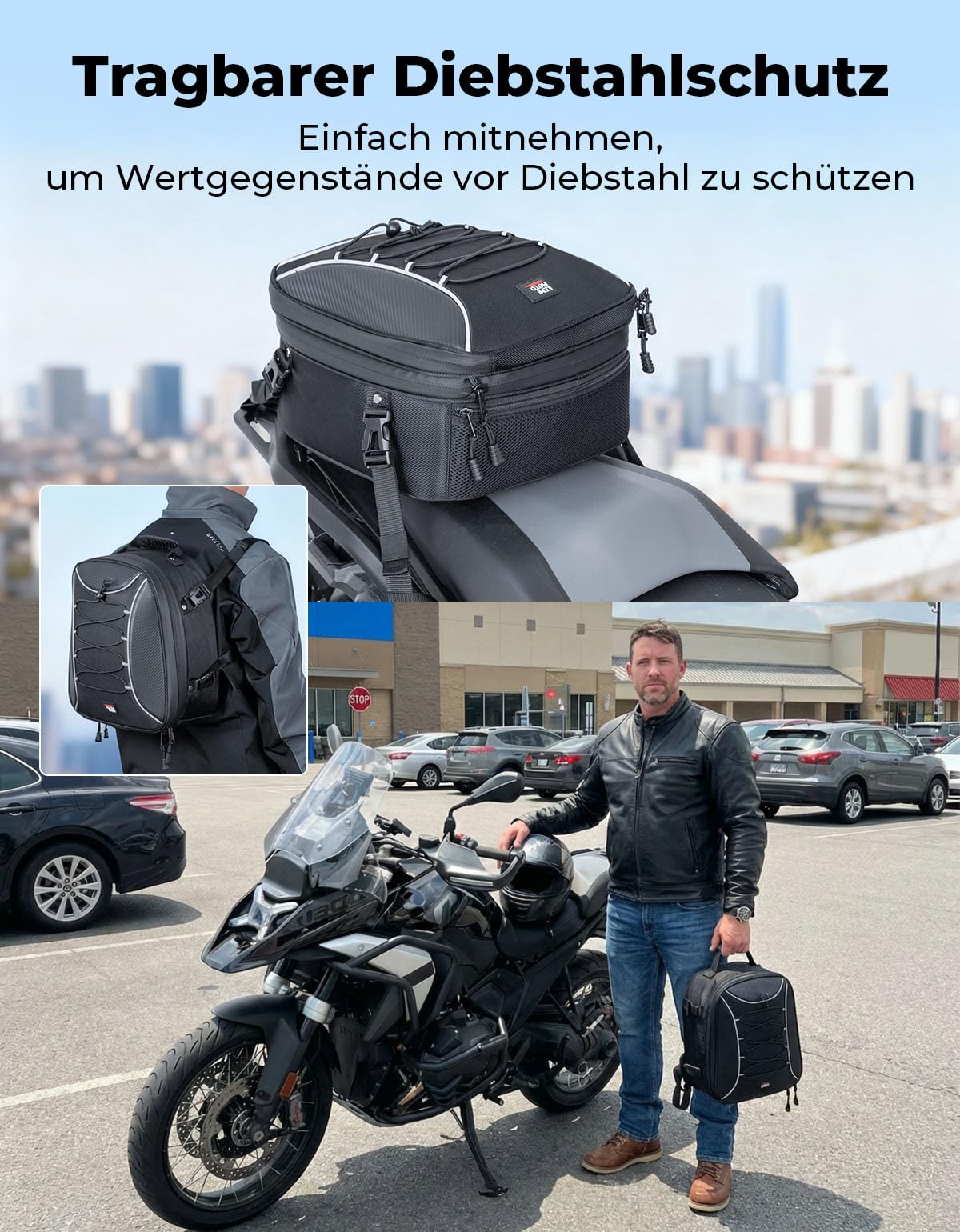 KEMIMOTO 2 IN 1 Motorrad Tasche 22-34L mit Kühlfunktion, wasserdichte Motorrad Hecktasche, Große Kapazität, Erweiterbare Satteltasche, Gepäckträgertasche, 10L Isoliertasche