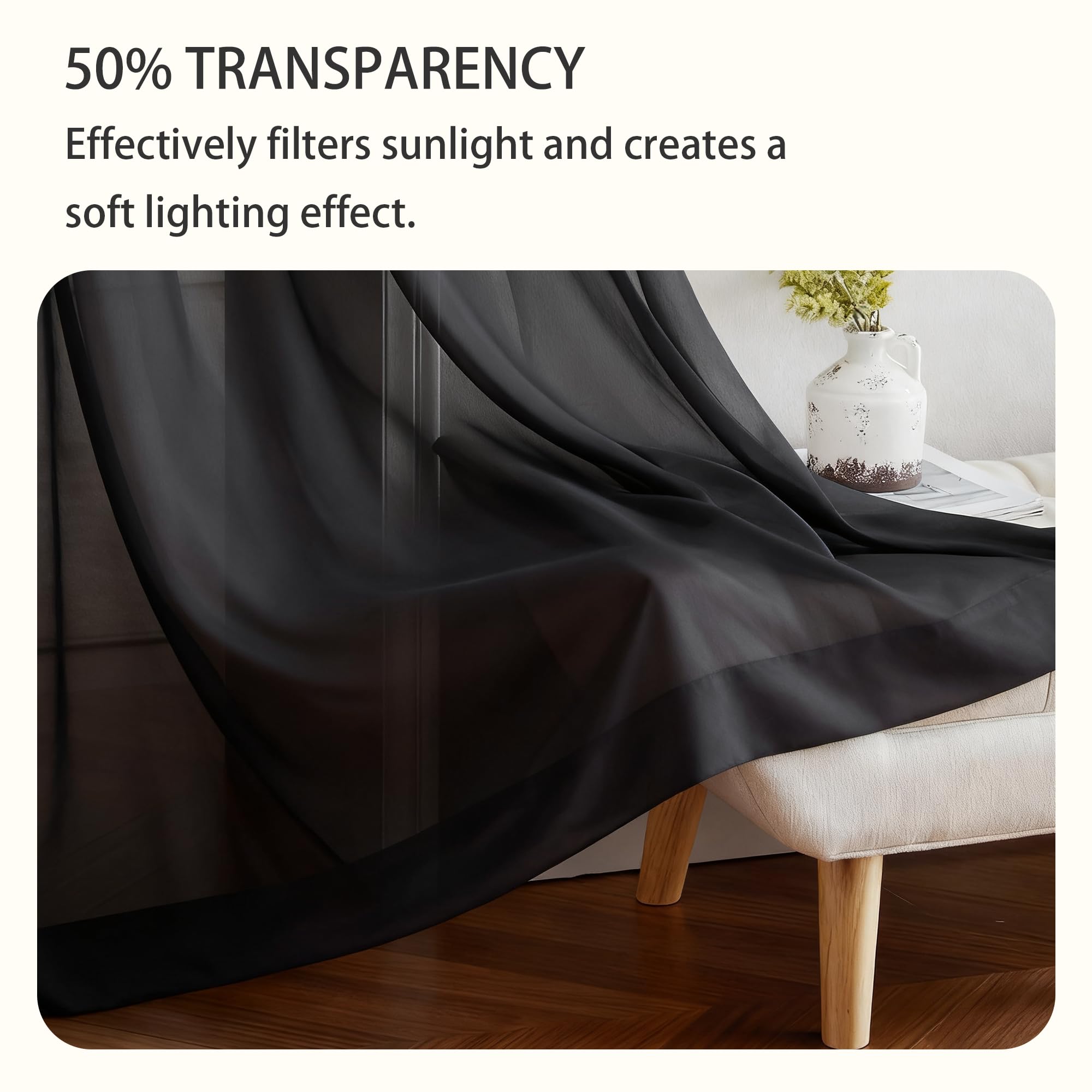 Firana Gotowa Woalowa 380 x 170 cm Półprzezroczyste Zasłony Oczkowe Elegancka, Wysokiej Jakości Glamour Do Sypialni, Salonu, Pokoju Dziecięcego, Czarny