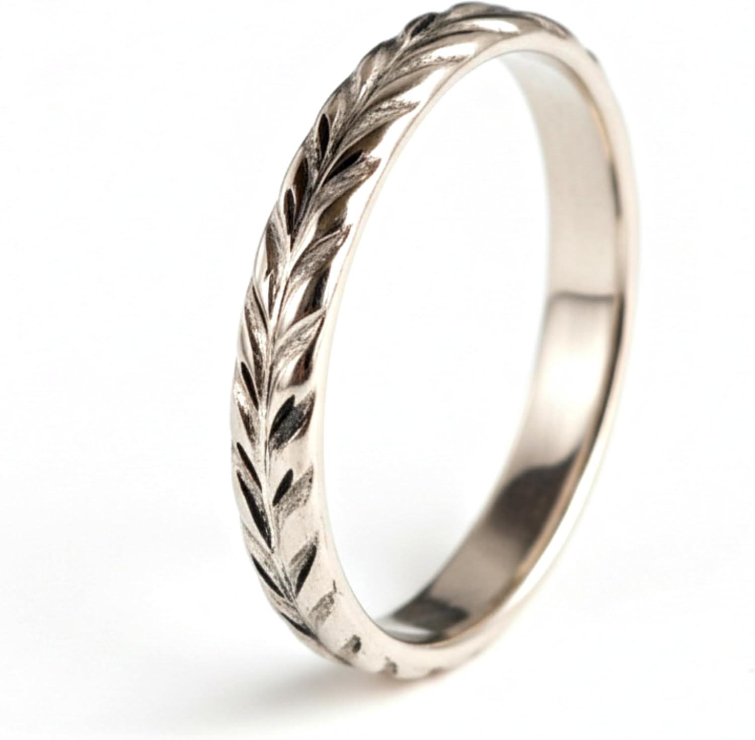 925 Sterling Silver Band Ring, Minimalist Leaf Texture Wedding Ring, Unisex Stackable Silver Band