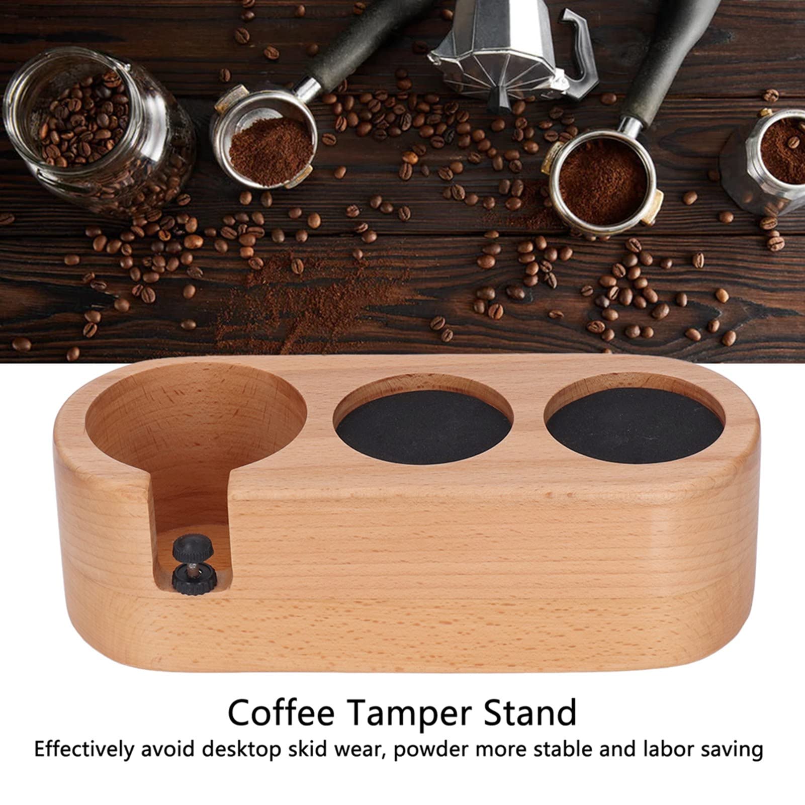 Soporte para prensa de café, estación de prensa de café de madera con 3 orificios para prensas de 58 mm y portafiltros, base antideslizante de haya para la configuración de barra