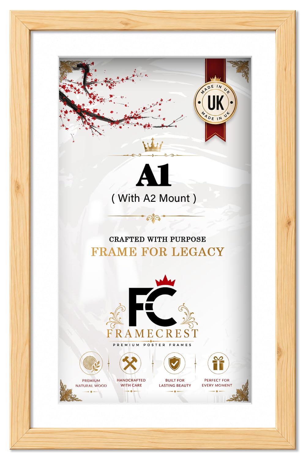 FRAMECREST LTD A1 MDF Wood Picture Frame with A2 Mount - Premium Perspex & Wall Hanging Kit - Modern Gallery Style Poster Frame for Portrait or Landscape Display - [Pine]