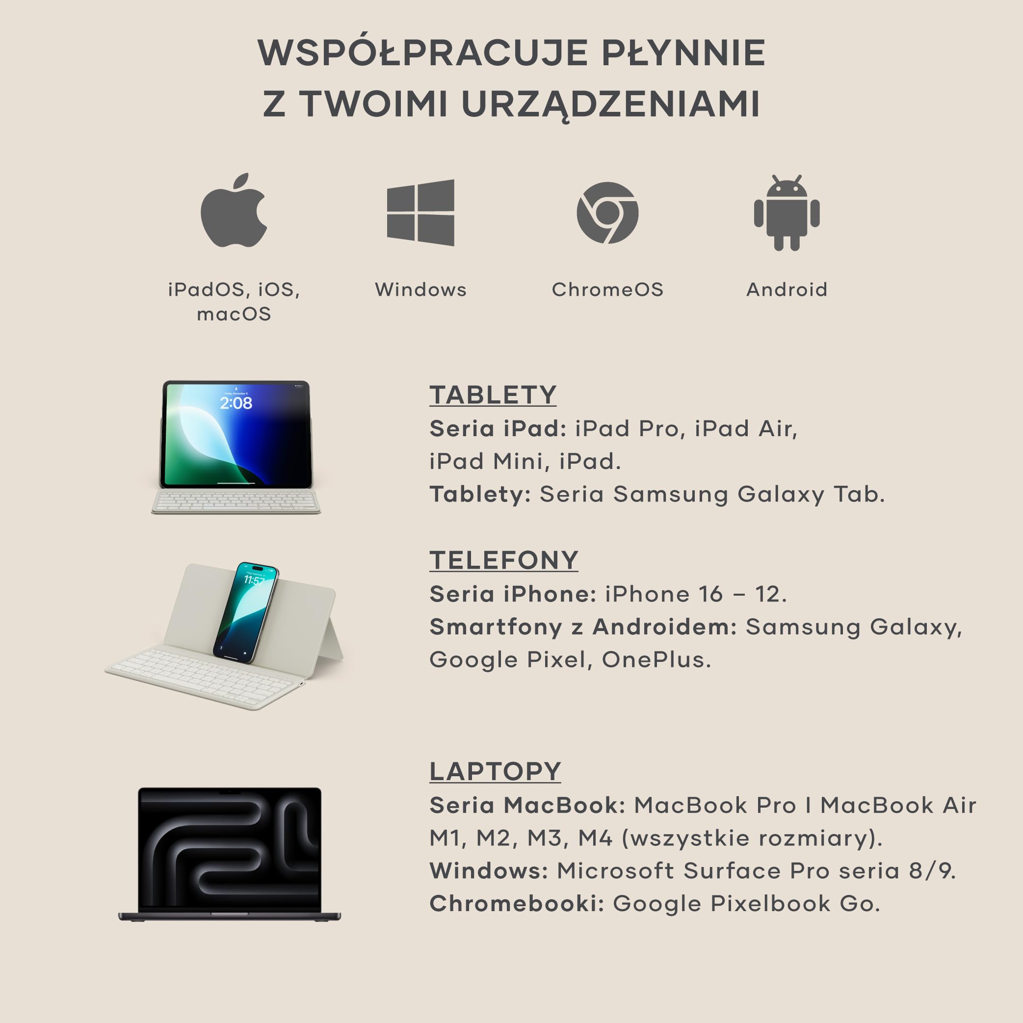 SATECHI OntheGo™ Kompaktowa Bezprzewodowa Klawiatura Bluetooth z Regulowaną Podstawką, Łączy do 3 Urządzeń, Akumulator USB-C, Ergonomiczna, 𝗨𝗦 𝗤𝗪𝗘𝗥𝗧𝗬 𝗟𝗮𝘆𝗼𝘂𝘁 – Beżowa
