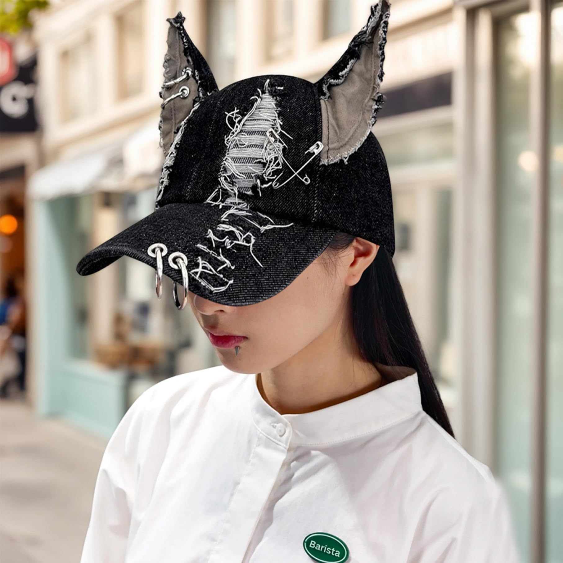 Chapeau à Oreilles De Chat Noir DéChiré Y2k Avec Cerceau En MéTal Casquette De Baseball EsthéTique Punk Grunge Protection Solaire Taille Unique Convient à La Plupart Des Casquettes De Baseball