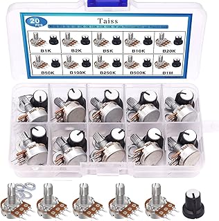Taiss 20PCS Potentiometer Kit with Knobs B1K 2K 5K 10K 20K 50K 100K 250K 500K 1M Ohm potentiometers Assortment 3 Terminals Linear Taper Rotary Audio B Type Potentiometer,Volume Control Potentiometer