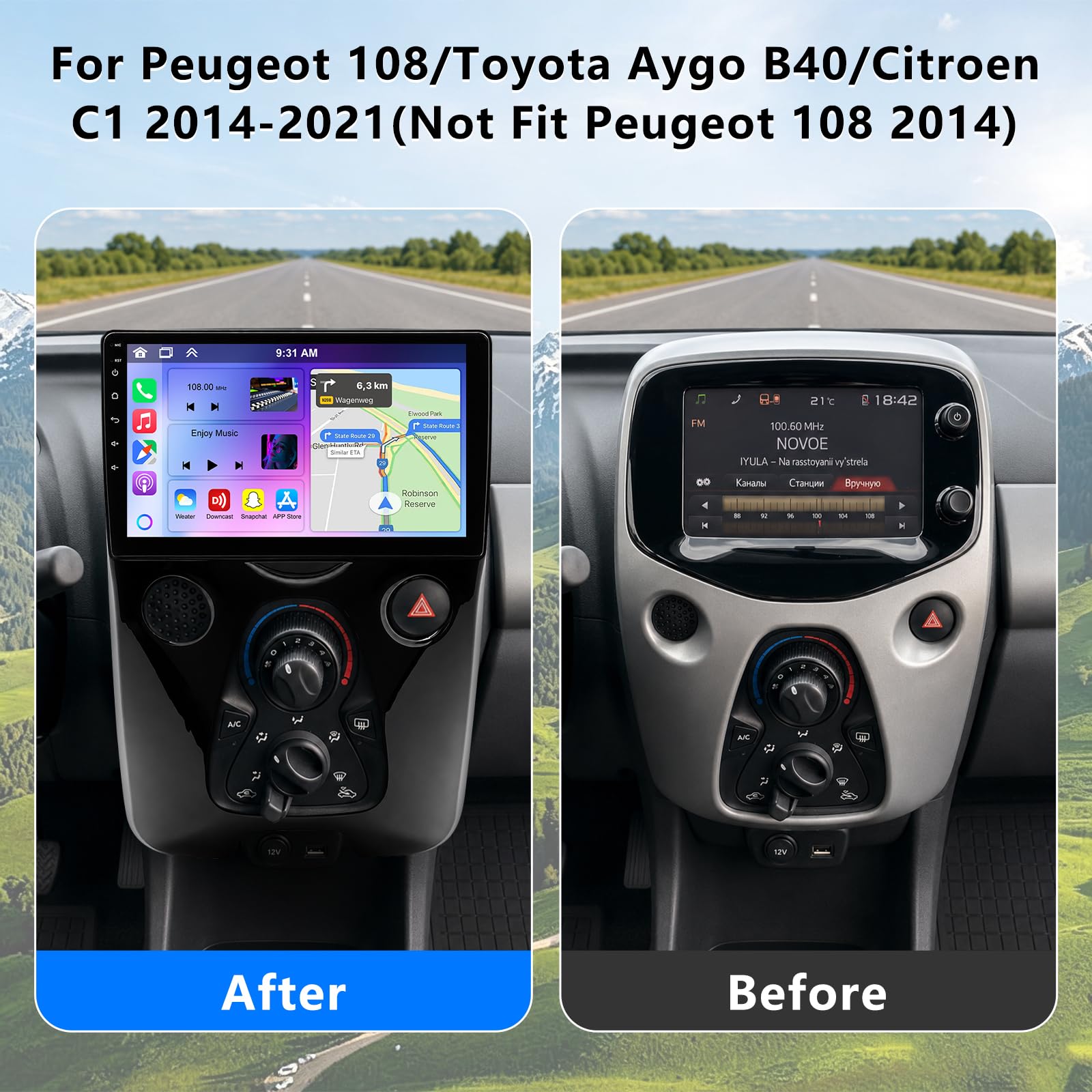 2 Din Android 14 Autoradio pour Peugeot 108/Toyota Aygo B40 2014-2021 2+32G
