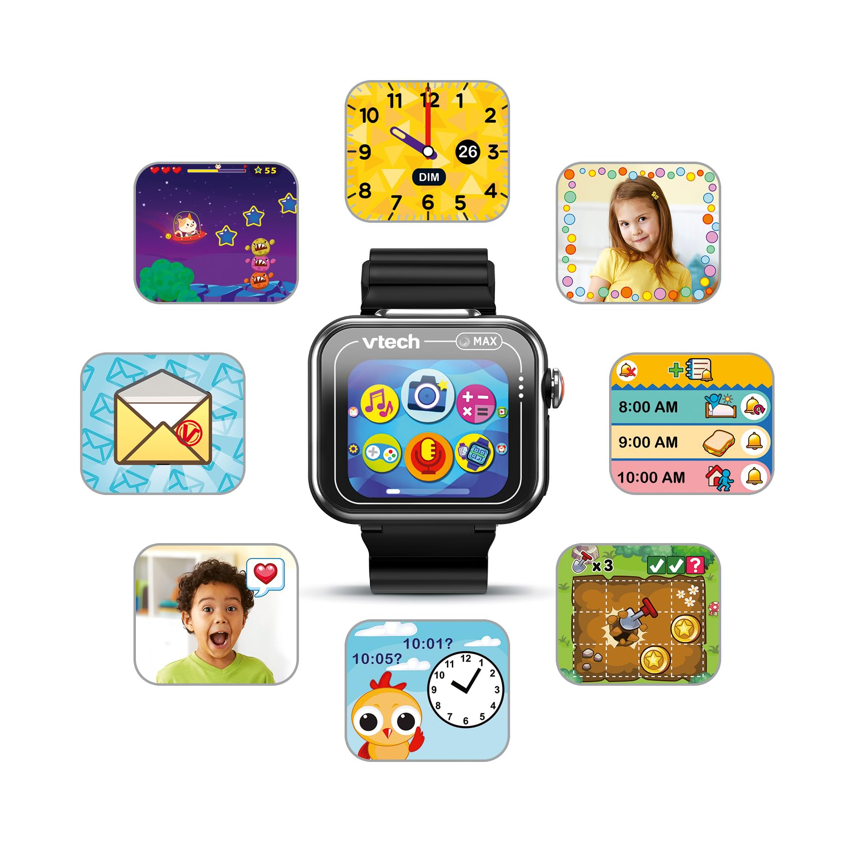VTech Kidizoom - Smartwatch Max Noir, Montre Intelligente pour Enfants, Double Appareil Photo, vidéo, Jeux, écran Tactile Horizontal, Version ESP, Noir, 5.4 x 22.4 x 1.7 cm