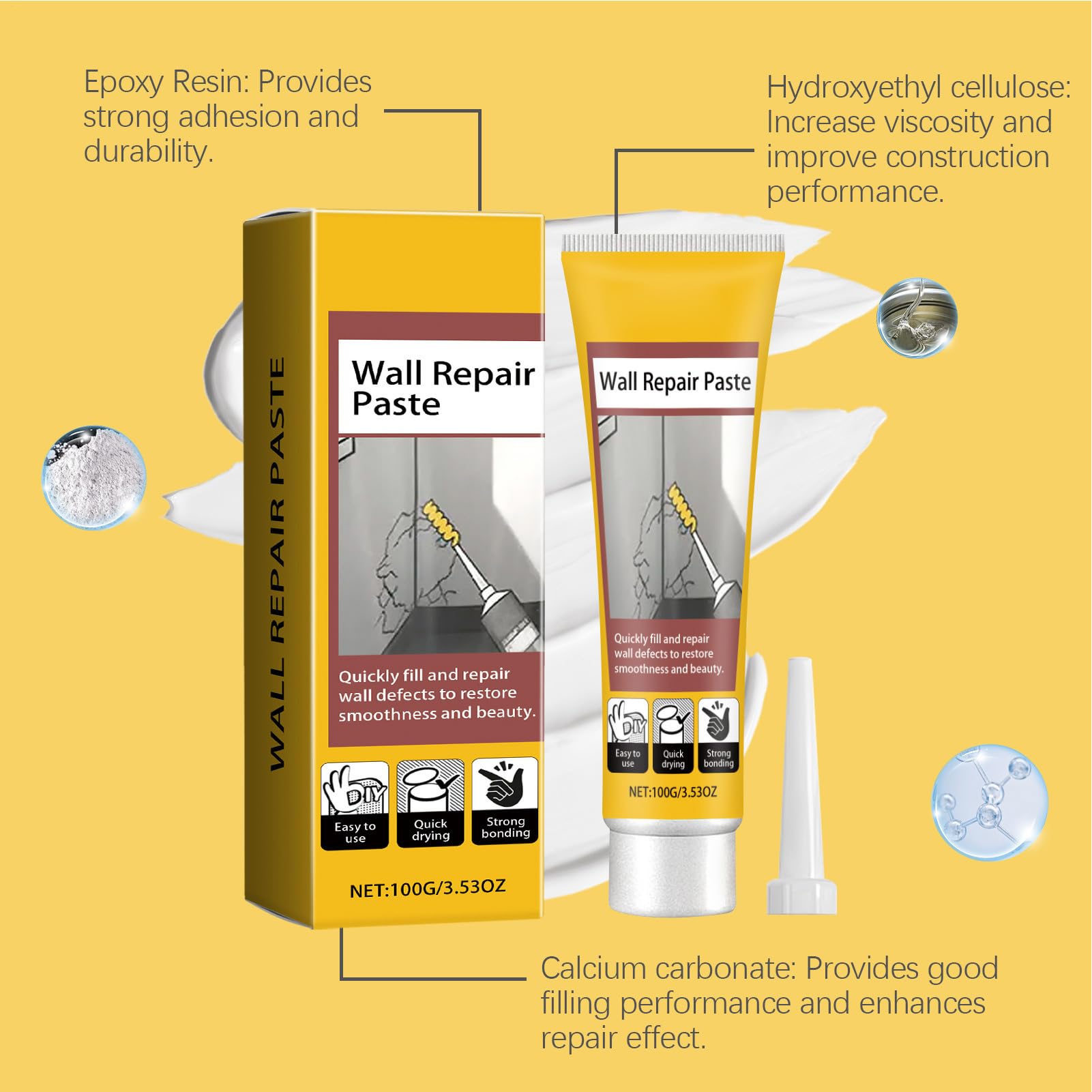 Hole Filler - 100g Quick Drying Wall Repair Paste, Ceiling & Drywall Crack, Putty, Easy DIY Patch Solution, Home Renovation for Bathroom, Balcony, Bedroom & Kitchen