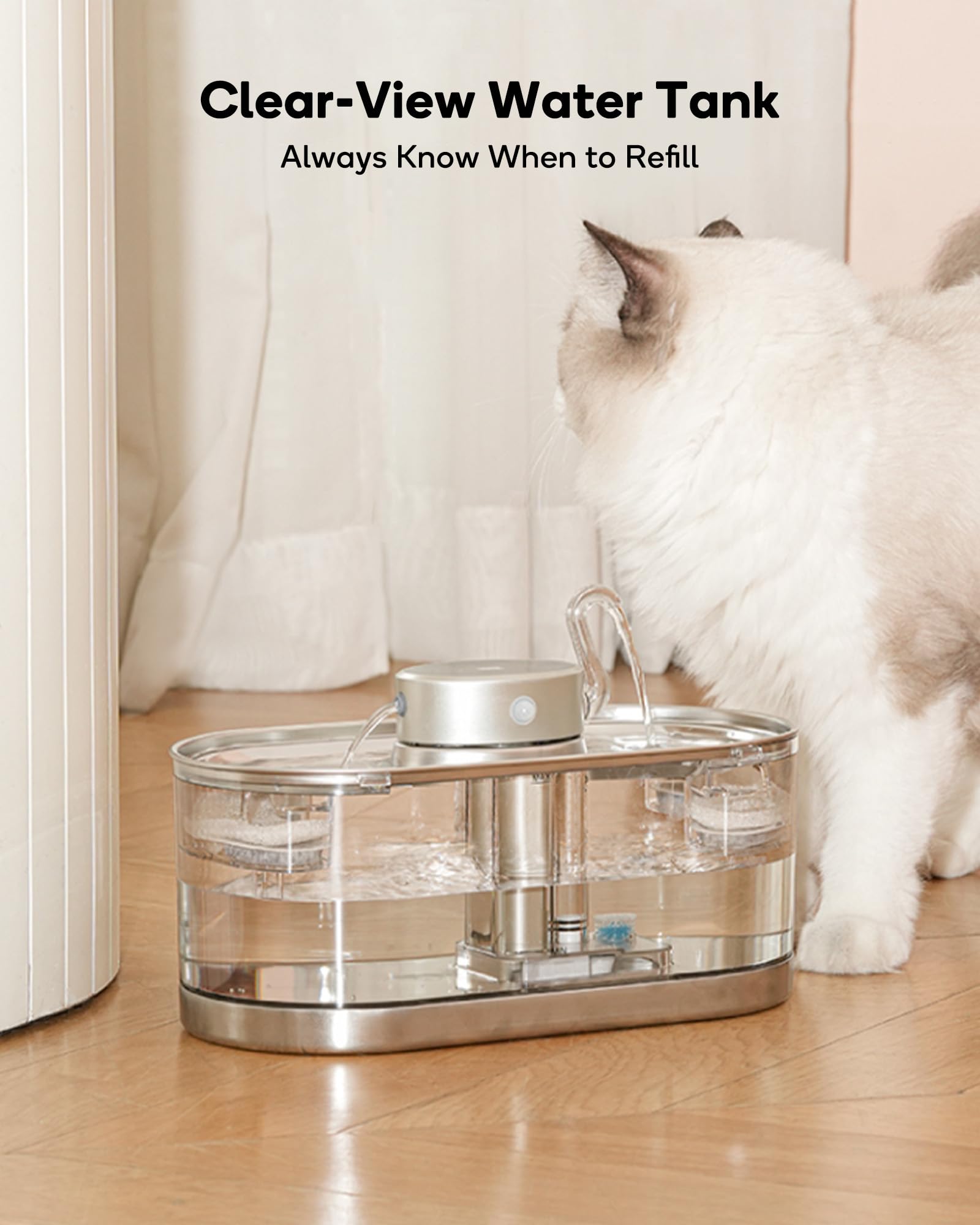 Cat Water Fountain Cordless, 108oz/3.2L Cengcen Wireless Pet Water Fountains Battery Operated 5000mAh, Chew-Proof Charging Cable with Adapter, Stainless Steel Transparent, Premium Edition - image 6