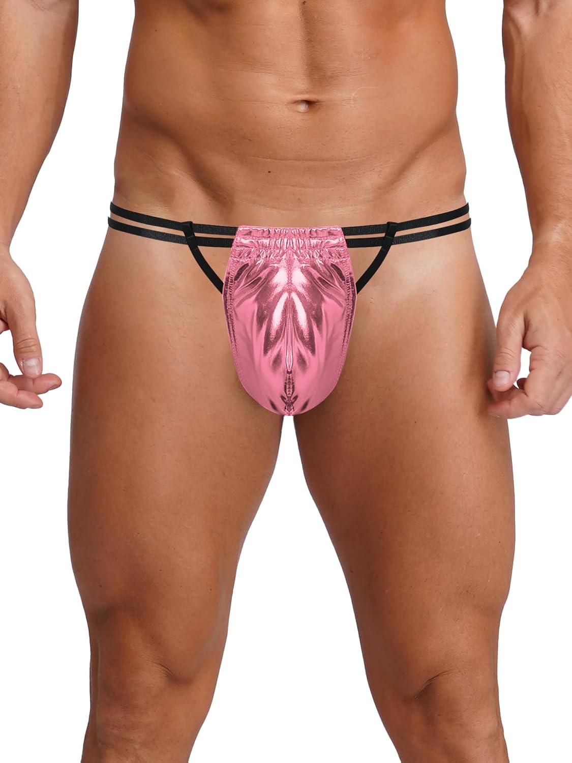 Mufeng Mens Sexy Shiny Metallic Underwear Strappy Double Waistband Bulge Pouch Thongs Underpants