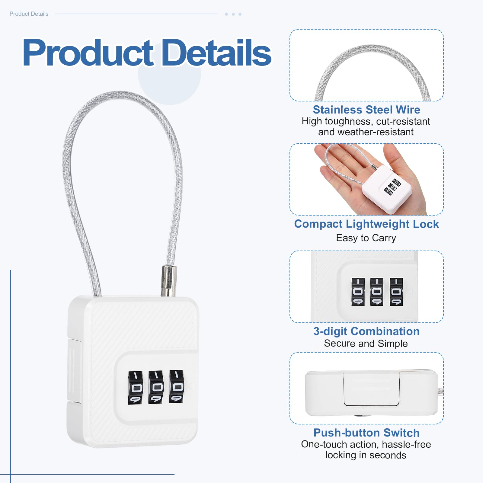 Candado de combinación de 3 dígitos, color blanco, 10 candados de cable para equipaje, candado de combinación pequeño para gimnasio, taquilla, maleta, armario, mochila