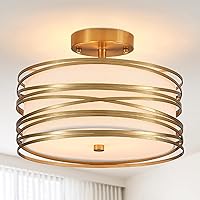 Vista 1 de Drum Semi Flush Mount Ceiling Light Fixture Vintage 12.2“ Modern Farmhouse 2-Lights Linen Drum Ceiling Lighting Rustic Golden Ceiling lamp for