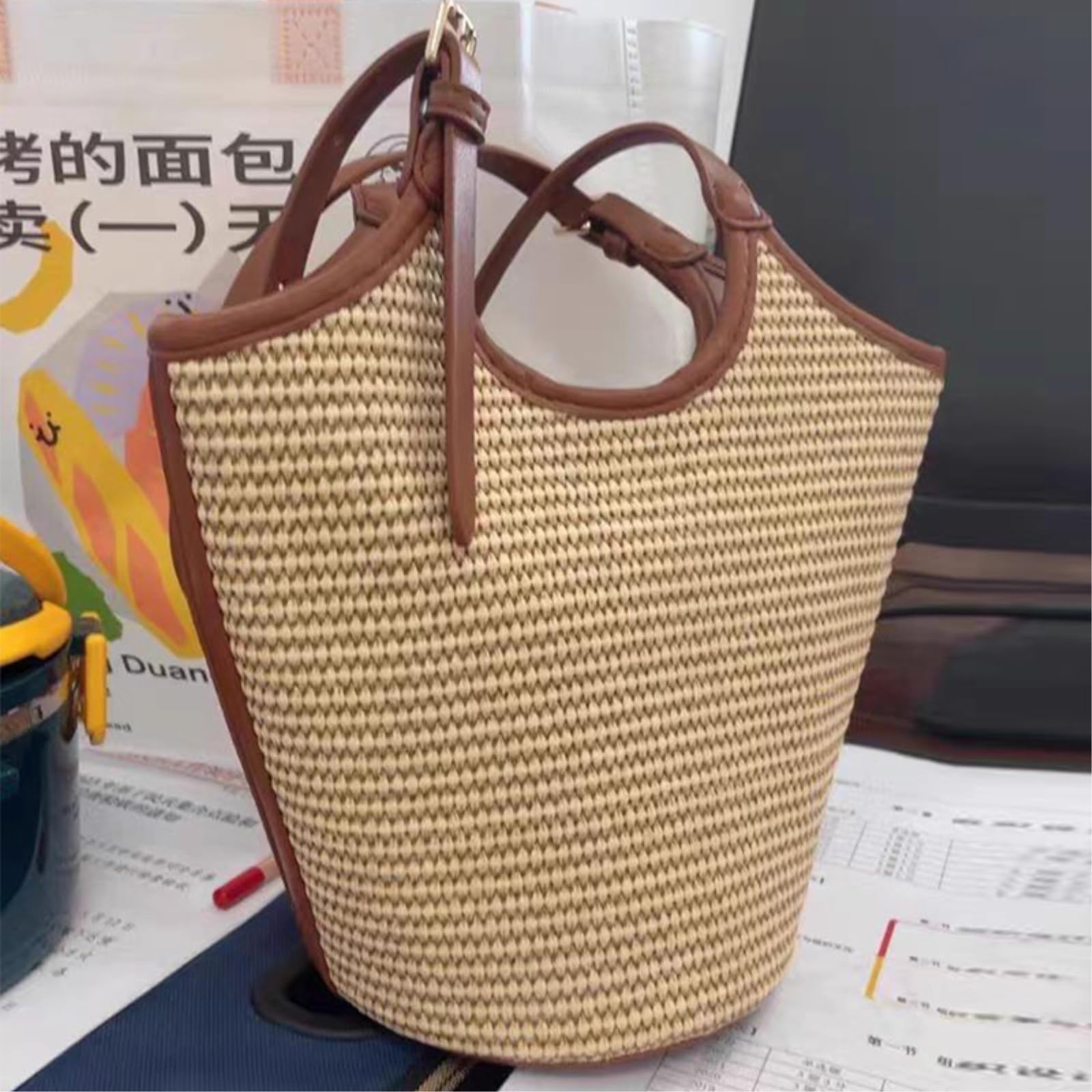 Borsa Tracolla Estate Paglia Tessuto Tote Donna Moda A Spalla Cinturina Regolabile Vacanza Spiaggia-brown-26x23x14cm