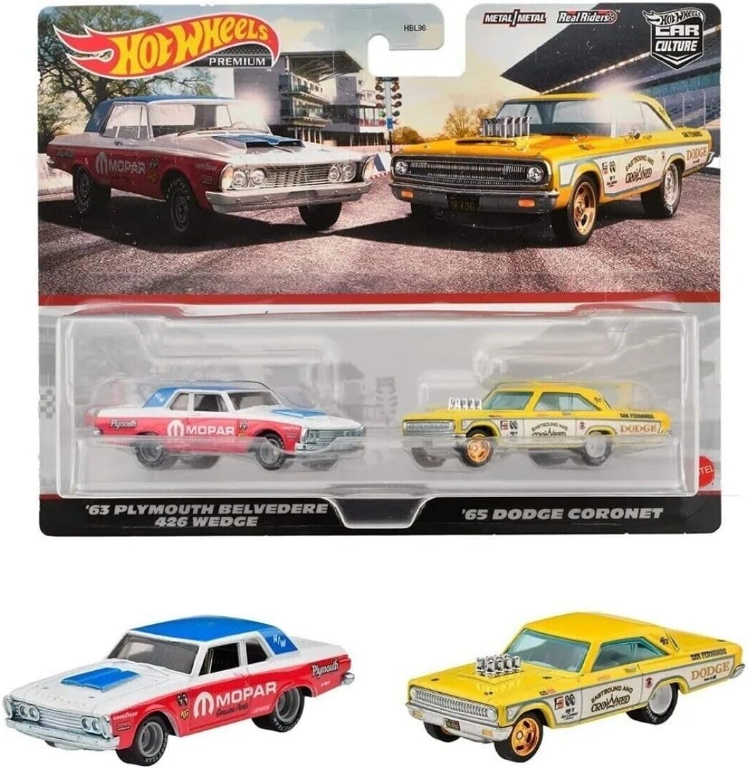 1963 Plymouth Belvedere 426 Wedge Mopar White and Red with Blue Top and 1965 Dodge Coronet Eastbound and Crowned Yellow and White Car Culture Set of 2 Cars Diecast Model Cars by Hot Wheels