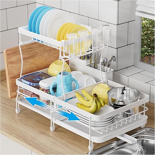 YKLSLH Escurridor de platos expandible estante de secado grande de 2 niveles para encimera de cocina con escurridor soporte de vidrio soporte para