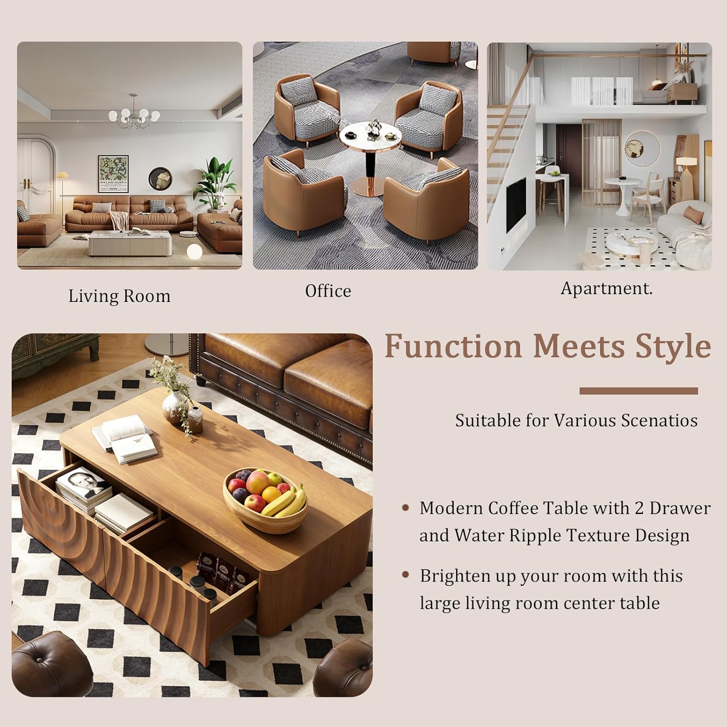 Wooden Coffee Table, 47.2" Rectangle Mid Century Modern Water Ripple Texture Center Table with 2 Drawers, Cocktail Tea Table with Safe Curved Corners for Living Room Home Office, Walnut