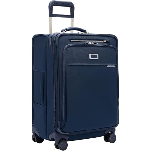 Briggs & Riley 24 Inch Compact Checked Suitcase Luggage with Wheels - Zipperless Compression Expansion System, 360 Spinner, Flat Packing Interior, Accessible Front Pocket - Baseline Collection - Navy