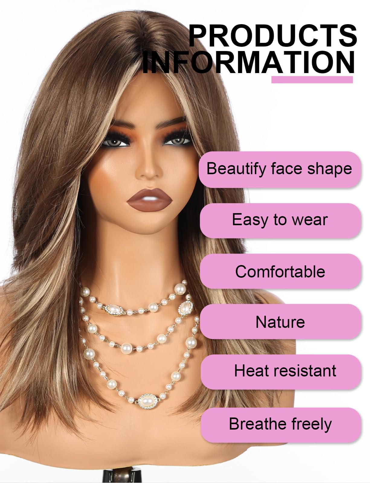WOKESTAR Natural Long Wigs for Women with Fringe Synthetic Heat Resistant Hair Brown with Highlights Wig for Daily Party Cosplay Use - Image 2