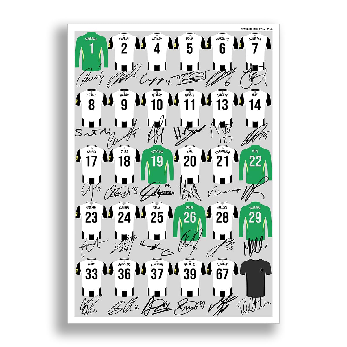 Mounted Gifts Trading Newcastle United team squad 2024-2025 Signed poster print framed picture photo autograph gift 24/25 Anthony Gordon Bruno Guimaraes (A4 Poster Only)