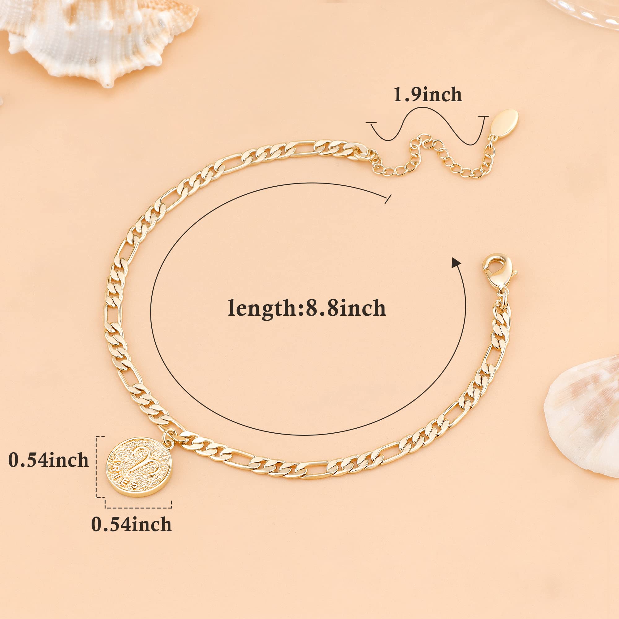 Dainty Zodiac Constelación cadena tobillera Signo del zodiaco Disco Aries Figaro Cadena Tobillera Pulsera de Oro Real de 14 K para Mujer 6