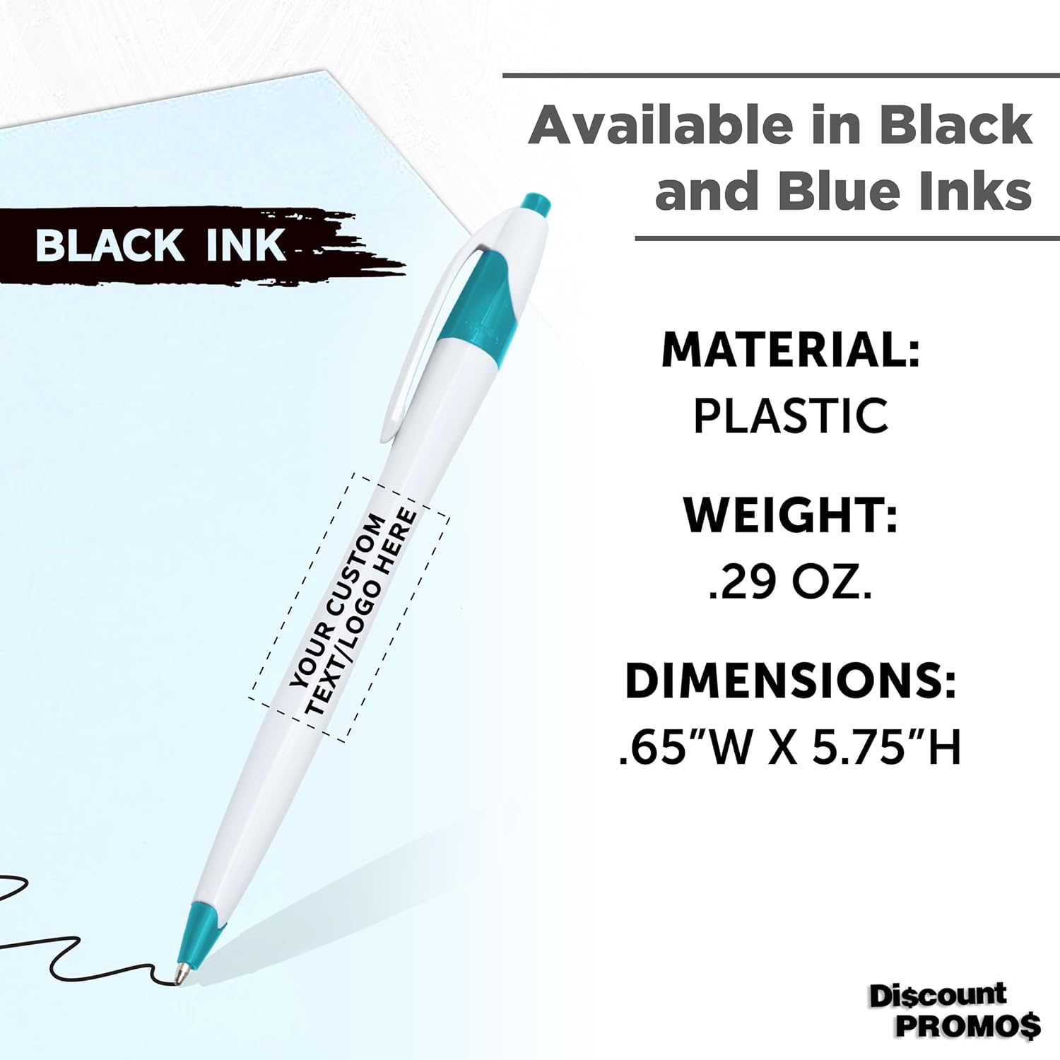 Personalized Ballpoint Pens Set of 10/50/100 by DISCOUNT PROMOS- Black Ink, Slim & Curvy Design, Retractable, Ideal for Office, Corporate Merchandise, Tradeshows- Teal