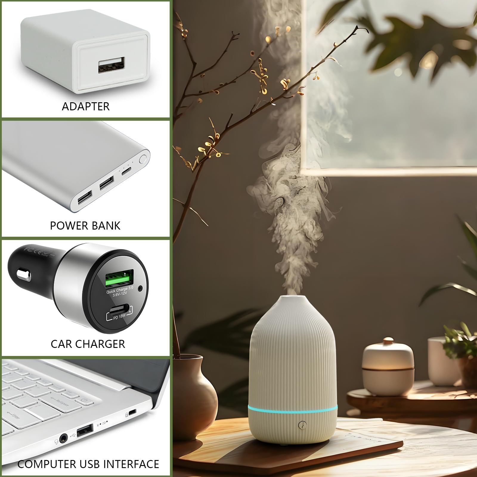 Mały dyfuzor olejków eterycznych, mini dyfuzor do aromaterapii, 100 ml, z kablem USB i adapterem, 7 zmieniających się kolorów, zasilany przez USB, do domu, pokoju, biura, podróży, na prezent
