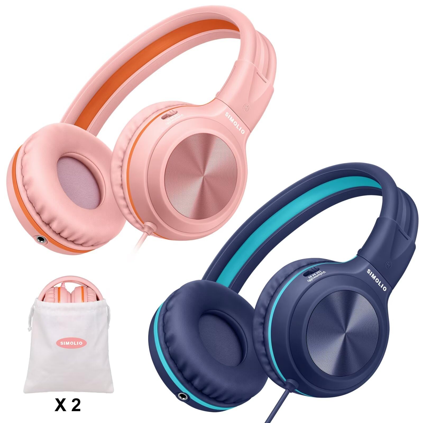 SIMOLIO 2 Pack Wired Headphones with Microphone, Foldable Headphones for Teen Girls Boys, Over Ear Headset with Volume Limited & 3.5mm Aux Share for