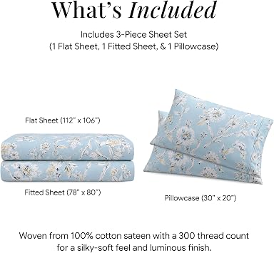Tribeca Living King Bed Sheet Set, 300 Thread Count Soft Cotton Sateen, Floral Print with Extra Deep Pockets, 4-Piece Bedding Set, Colmar Sky Blue/Multi