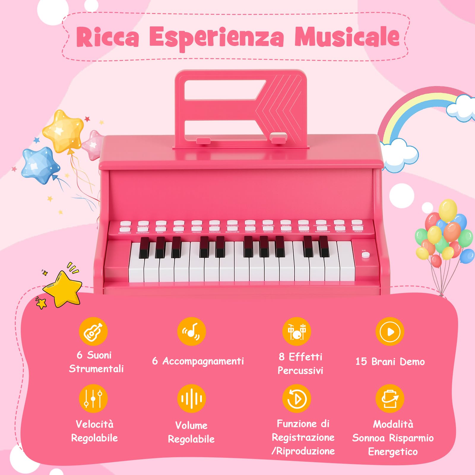 RELAX4LIFE Pianoforte per Bambini con 25 Tasti con Tasti Illuminati, Modalità Insegnamento,Portaspartiti, Funzione Registra/Riproduci, 6 Strumenti e 8 Percussioni (ROSA)