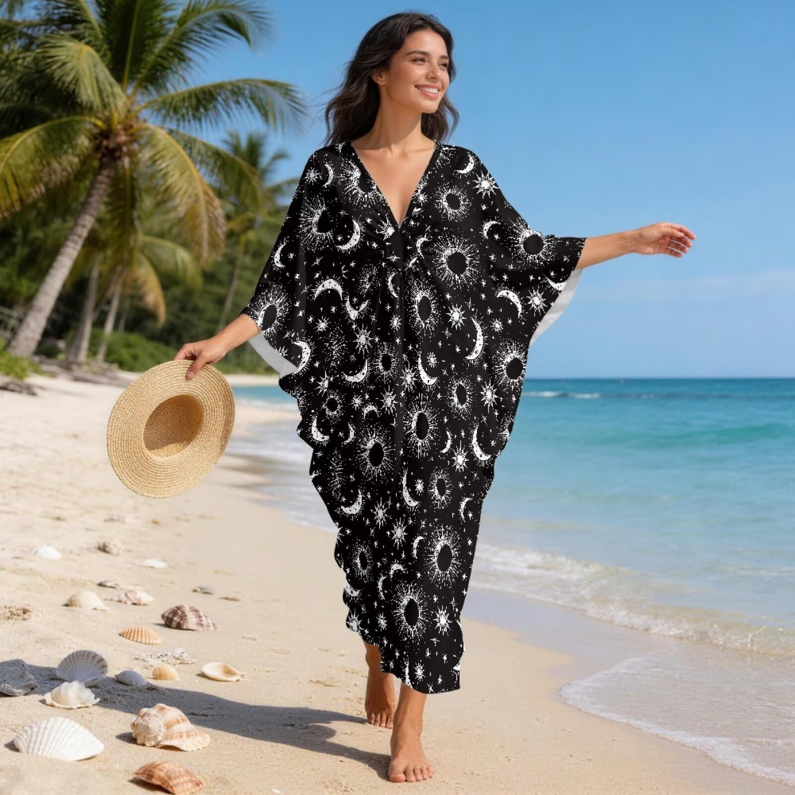 Poceacles Traje de baño de verano para mujer, talla grande, vestido caftán, para descansar, playa, mangas de murciélago, trajes casuales