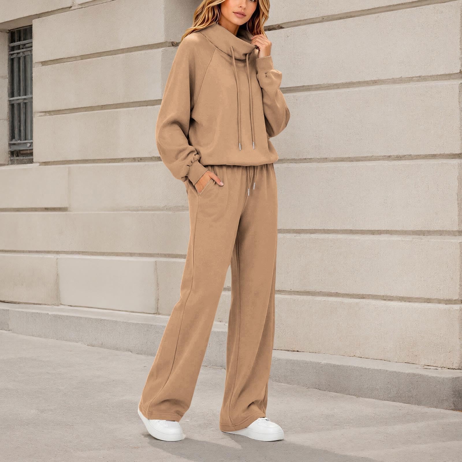 Conjunto de chándal para mujer, para otoño, invierno, gimnasio, entrenamiento, ropa de descanso, cuello alto, sudadera de gran tamaño, pierna ancha, conjunto deportivo de 2 piezas, conjunto deportivo