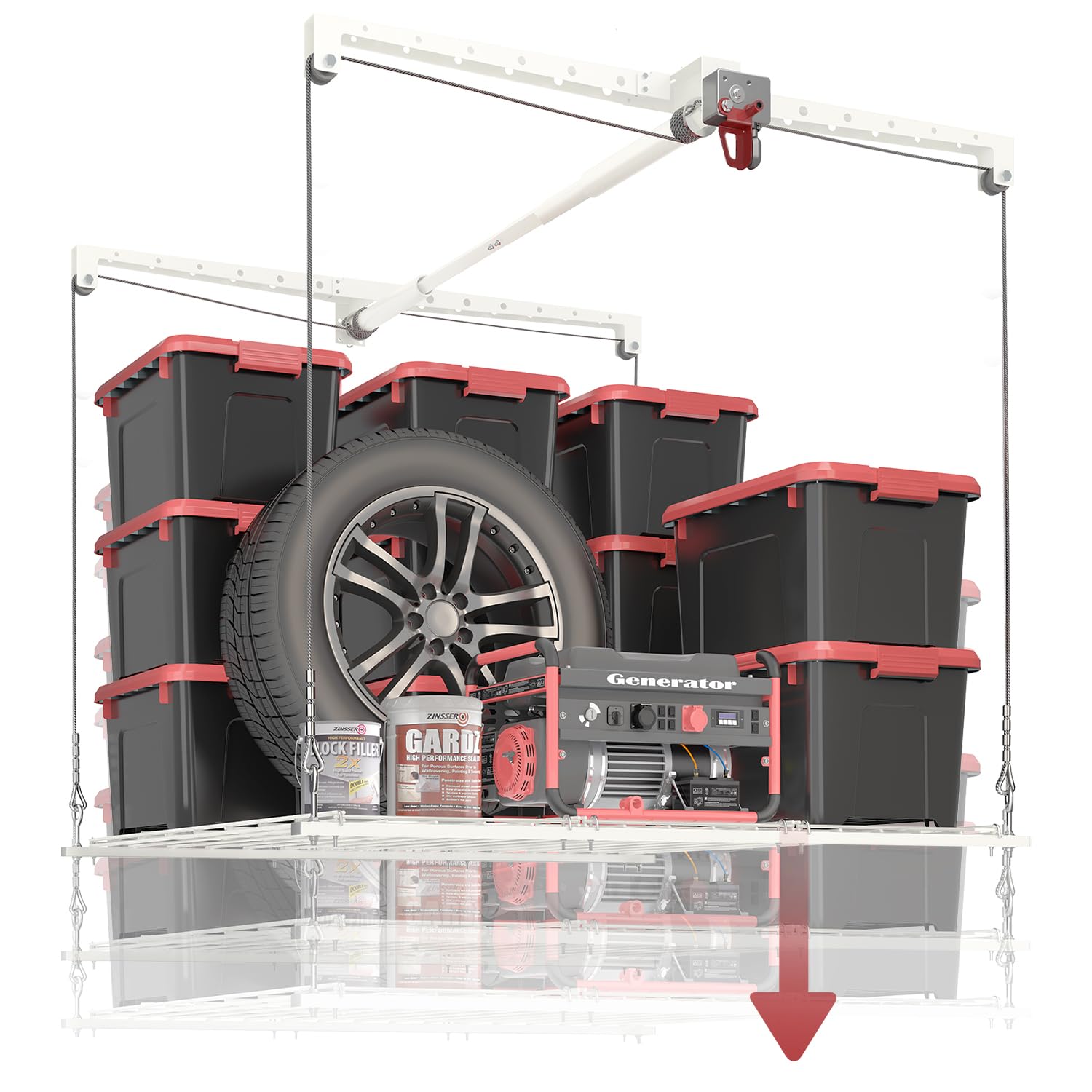 Elevador de almacenamiento de techo de 4 x 4 pies, sistema de almacenamiento de garaje montado de alta resistencia, capacidad de 250 libras (blanco)