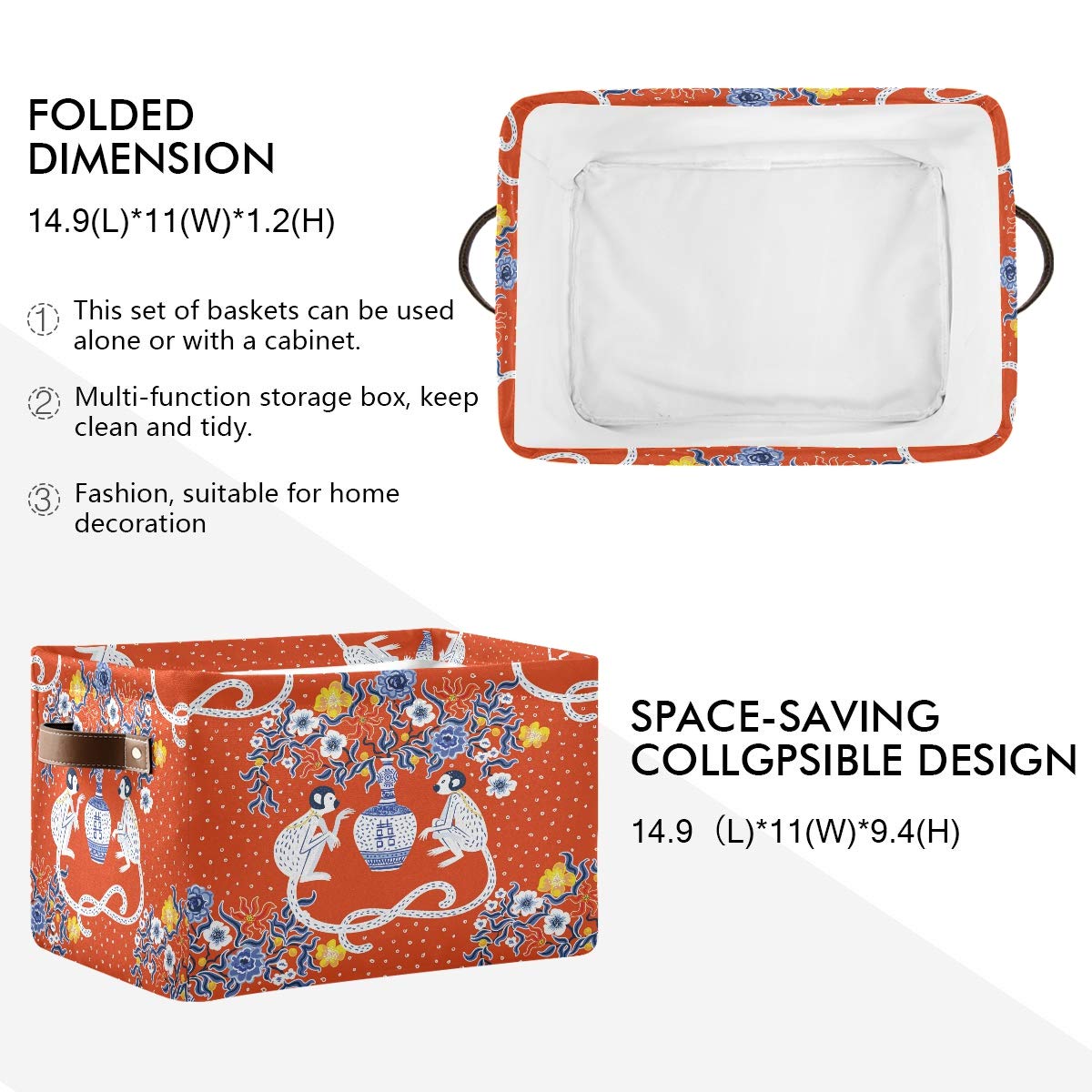 Storage Basket Cube - Vintage Monkey Chinoiserie Collapsible Canvas Bins For Toys, Laundry, Closet, Nursery (15x11x9.5 In, 2 Pack) - View #3