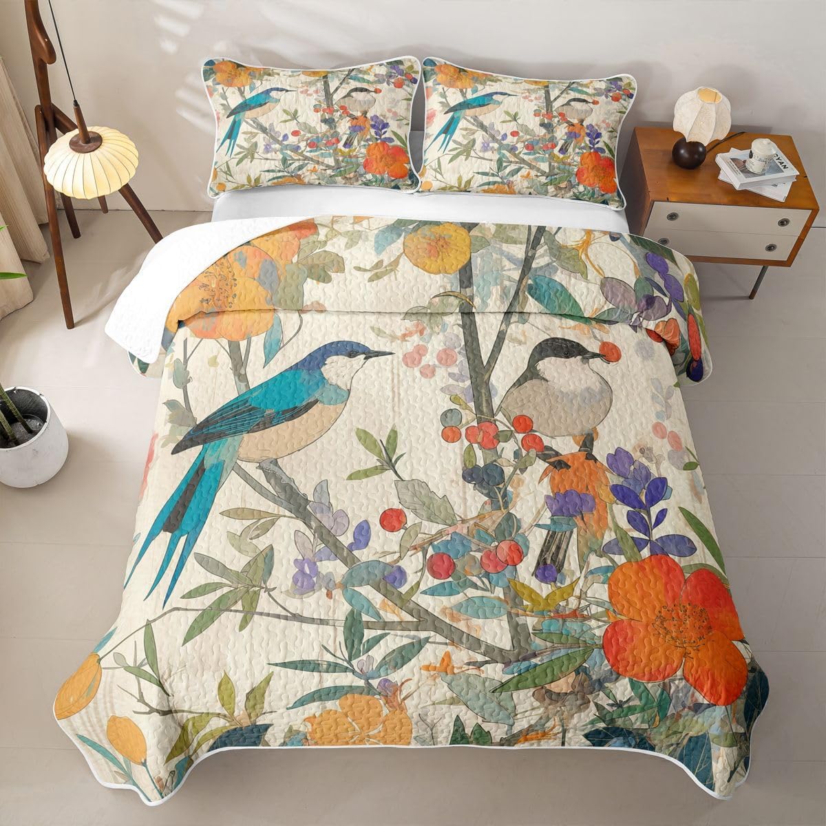 Feelyou Floral Bird Print Quilt Full Size for Kids Boys Girls