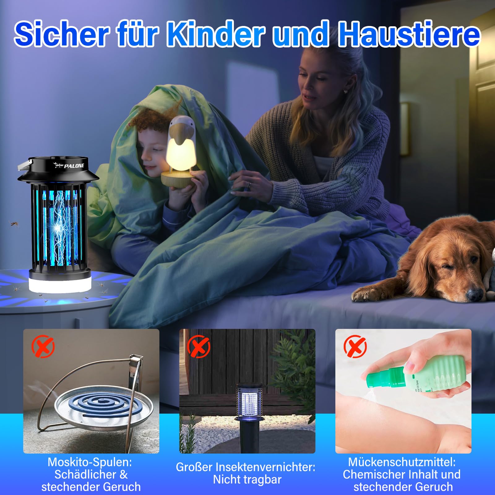 PALONE Insektenvernichter Elektrischer mit LED-Lampe, 3 in 1 Tragbarkeit USB-C Insektenvernichter, UV DC Elektrisch Mückenlampe, Praktische Geschenke für den Garten, Camping und Picknicks im Freien