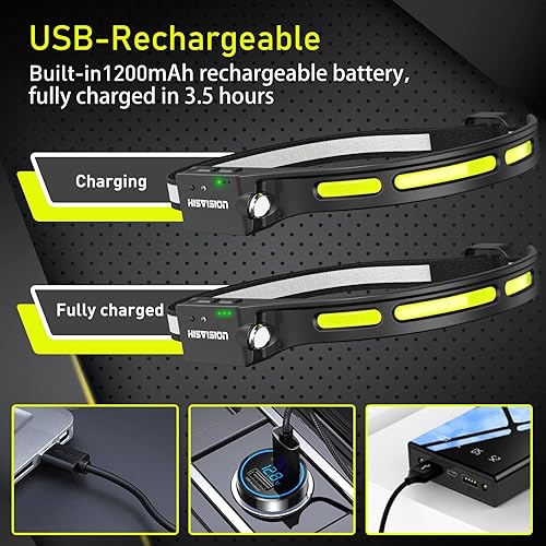 Miniatura 7 de Faros delanteros LED recargables, súper brillantes con sensor de movimiento, 5 modos, faros delanteros de haz de 230 de ancho, IP65 impermeable de