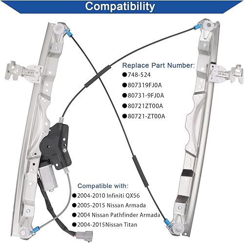 Miniatura 8 de 748-525 Elevalunas eléctrico delantero derecho del lado del pasajero con motor6 pines compatible con Nissan Pathfinder Armada 2004Armada 05-13Titan